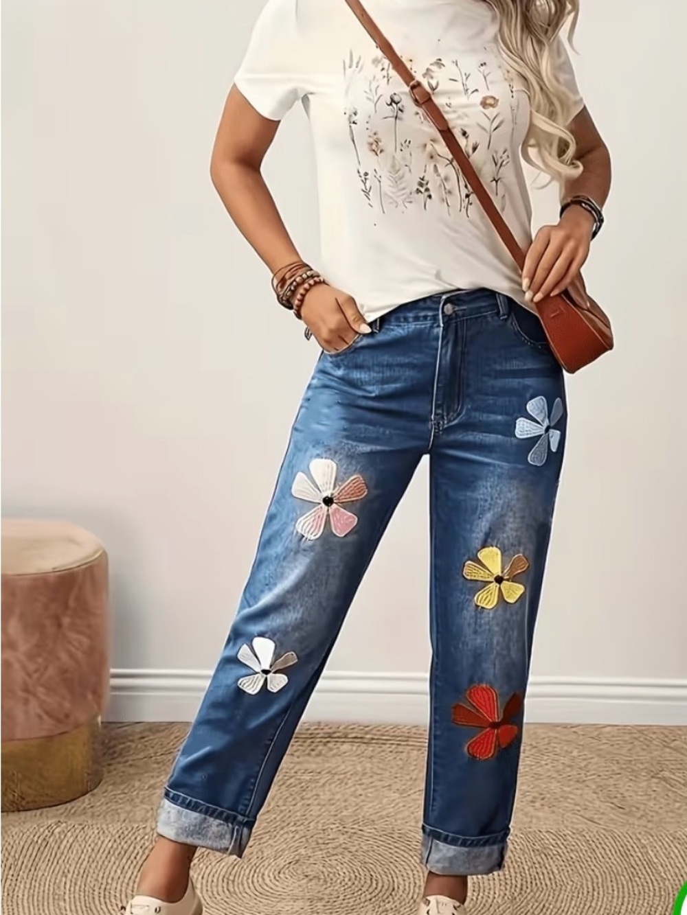 Embroidered Floral Relaxed Women's High Waisted Jeans - Blue - Picture 3 of 6